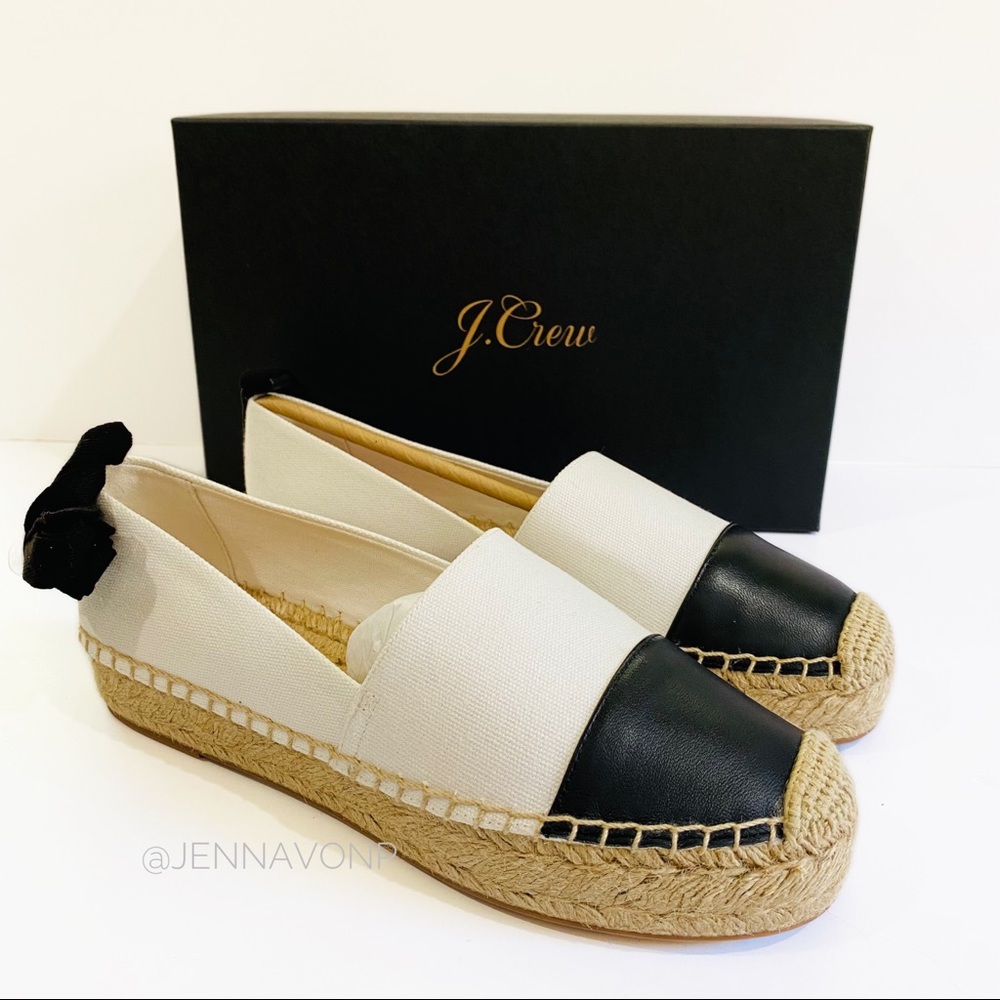 New J. Crew Canvas Espadrille Flats With Leather Cap Toe White Black Siz…
